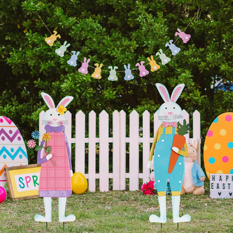 YEAHOME Easter bunny stake with boy and carrot lights up the yard