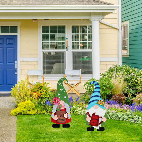 YEAHOME gnome with pink potted plant brightens porches for spring cheer