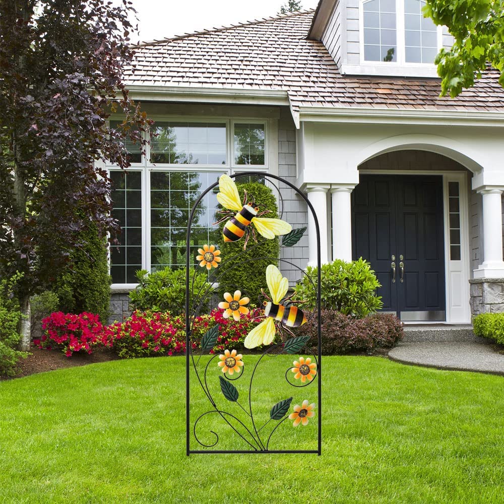 YEAHOME garden stake features flowers and bees and supports climbing plants upward.