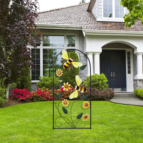 YEAHOME garden stake features flowers and bees and supports climbing plants upward.