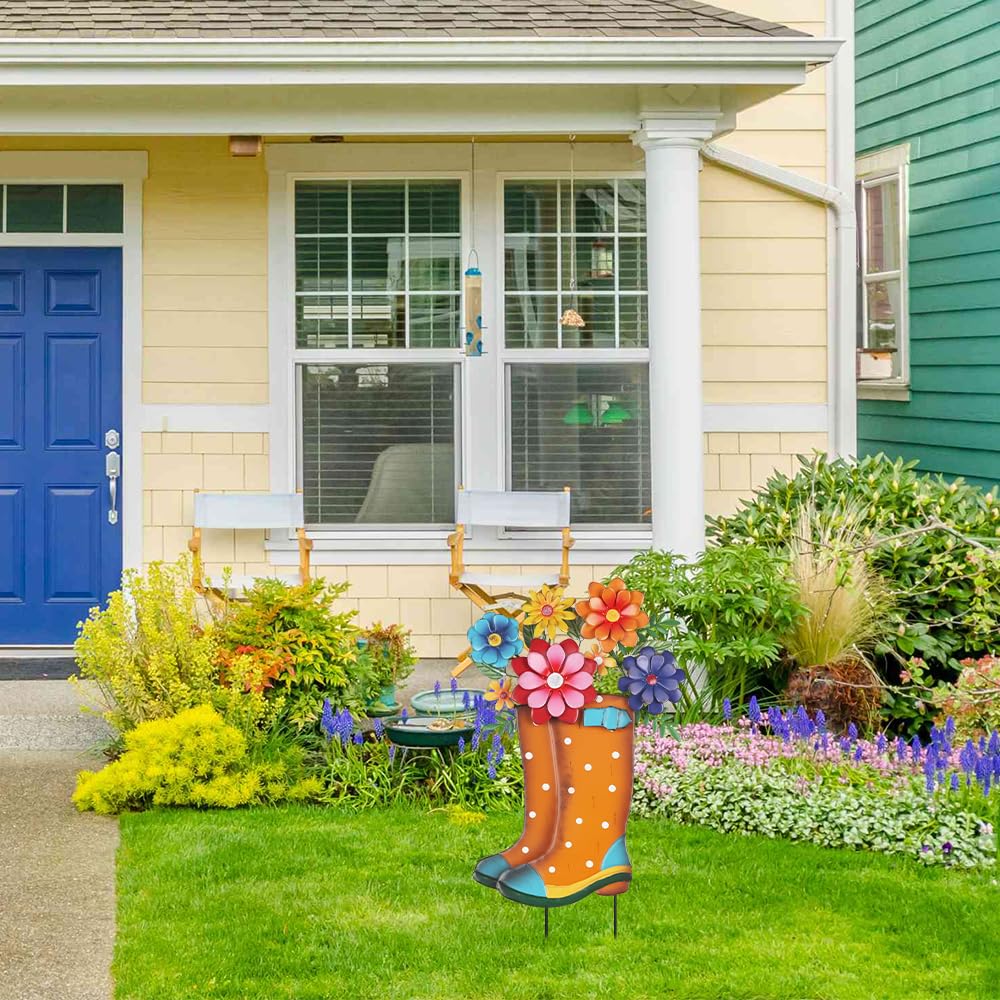 YEAHOME orange rain boot garden sculpture sways in breeze as dynamic yard art