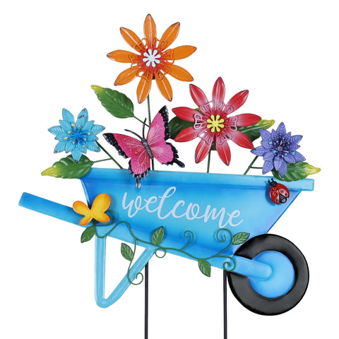 YEAHOME wheelbarrow garden stake with blue flowers and butterflies enhances outdoor display