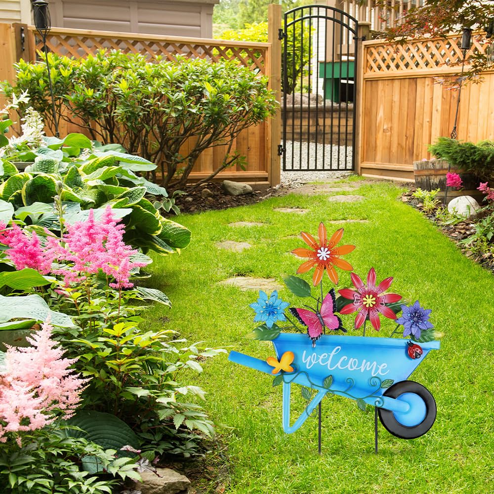YEAHOME floral wheelbarrow yard stake brightening garden beds and paths