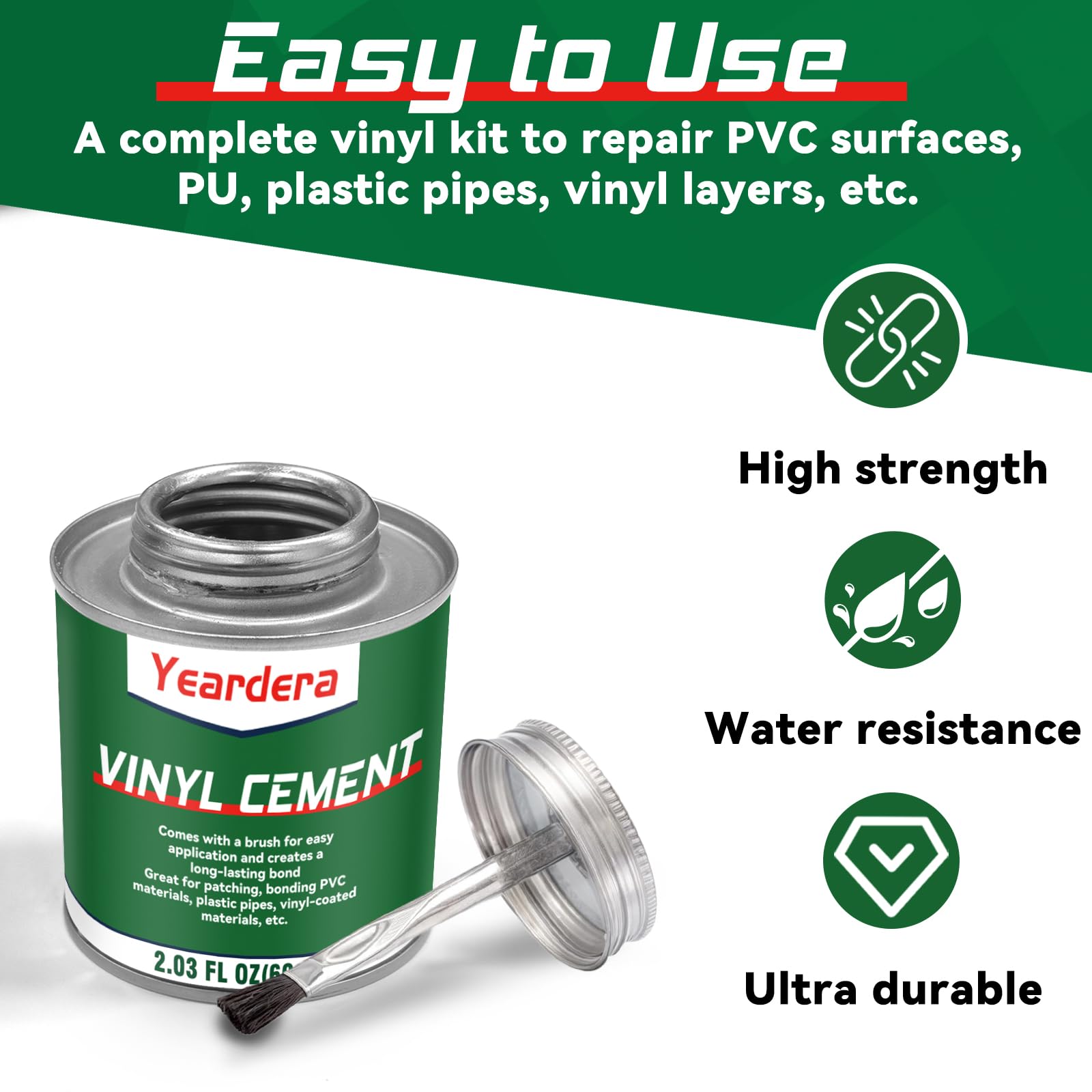 Yeardera vinyl cement patch adhesion enables quick bonding on holes and tears.