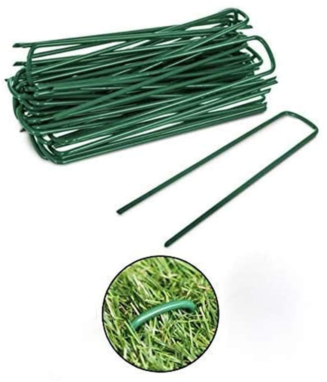 Yeasing garden pegs 6-inch green stake anchoring wire and fencing along the garden edge.