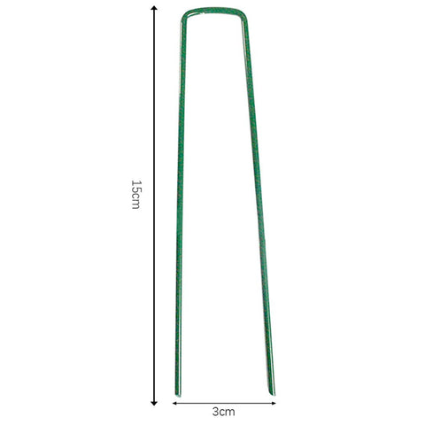 Yeasing garden pegs 6-inch U-shaped stake stabilizing tomato cages in soil.