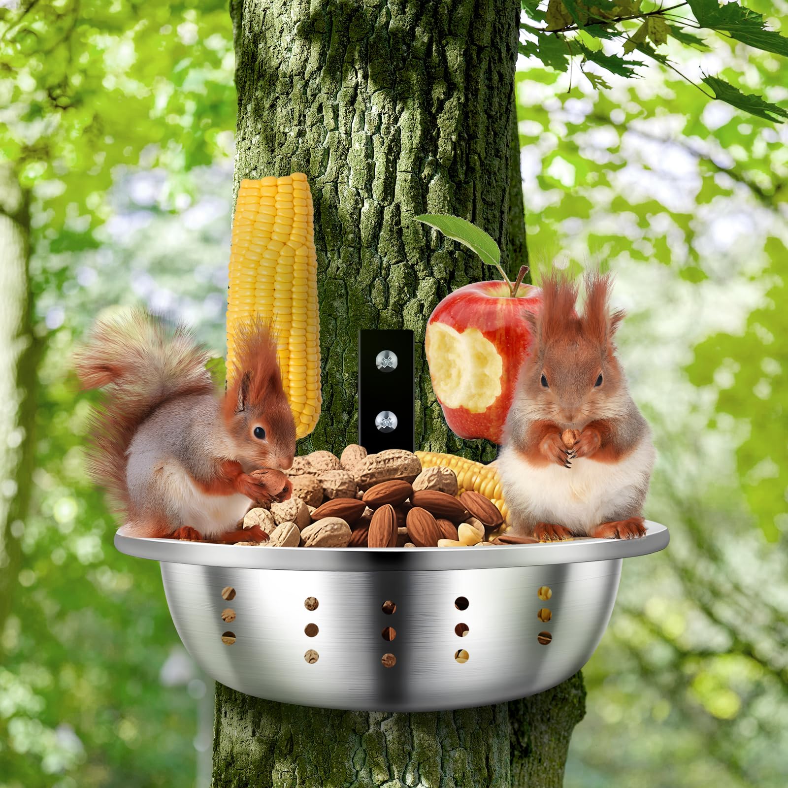 YEBGMS metal squirrel feeder mounted on a tree, durable and weather-resistant for outdoor feeding.