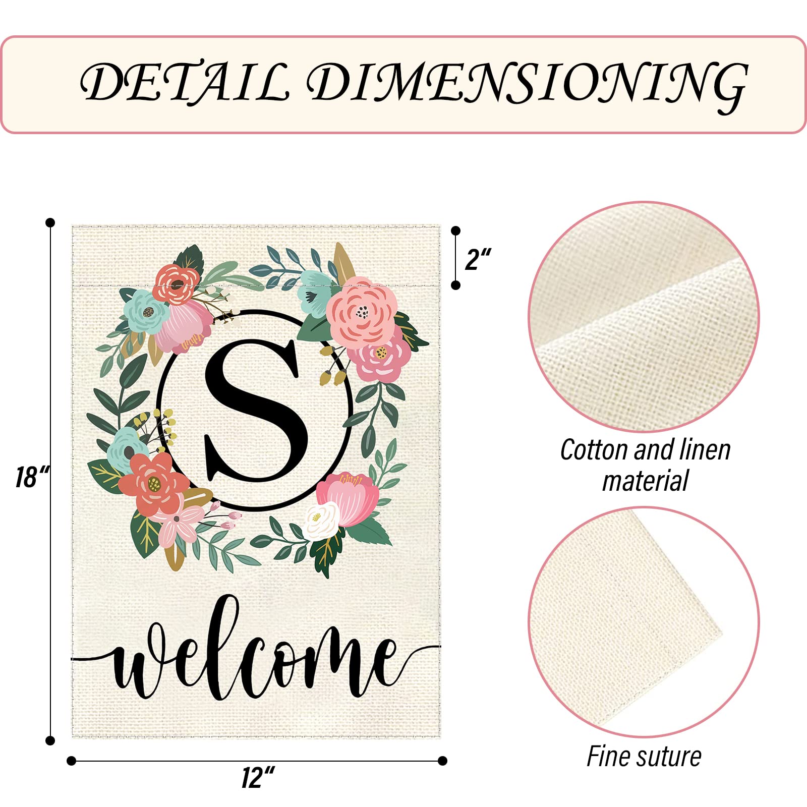 YeeCASE monogram garden flag fabric detail highlights durable, washable, UV fade-resistant material.