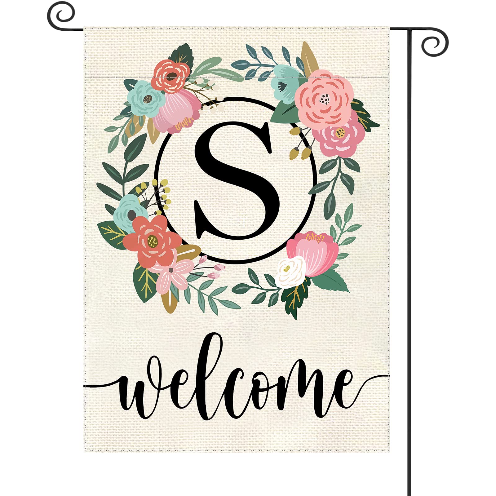 YeeCASE monogram garden flag front view with floral design adds welcoming curb appeal.