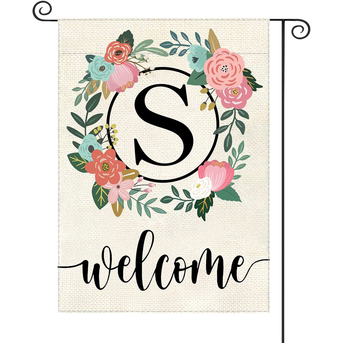 YeeCASE monogram garden flag front view with floral design adds welcoming curb appeal.