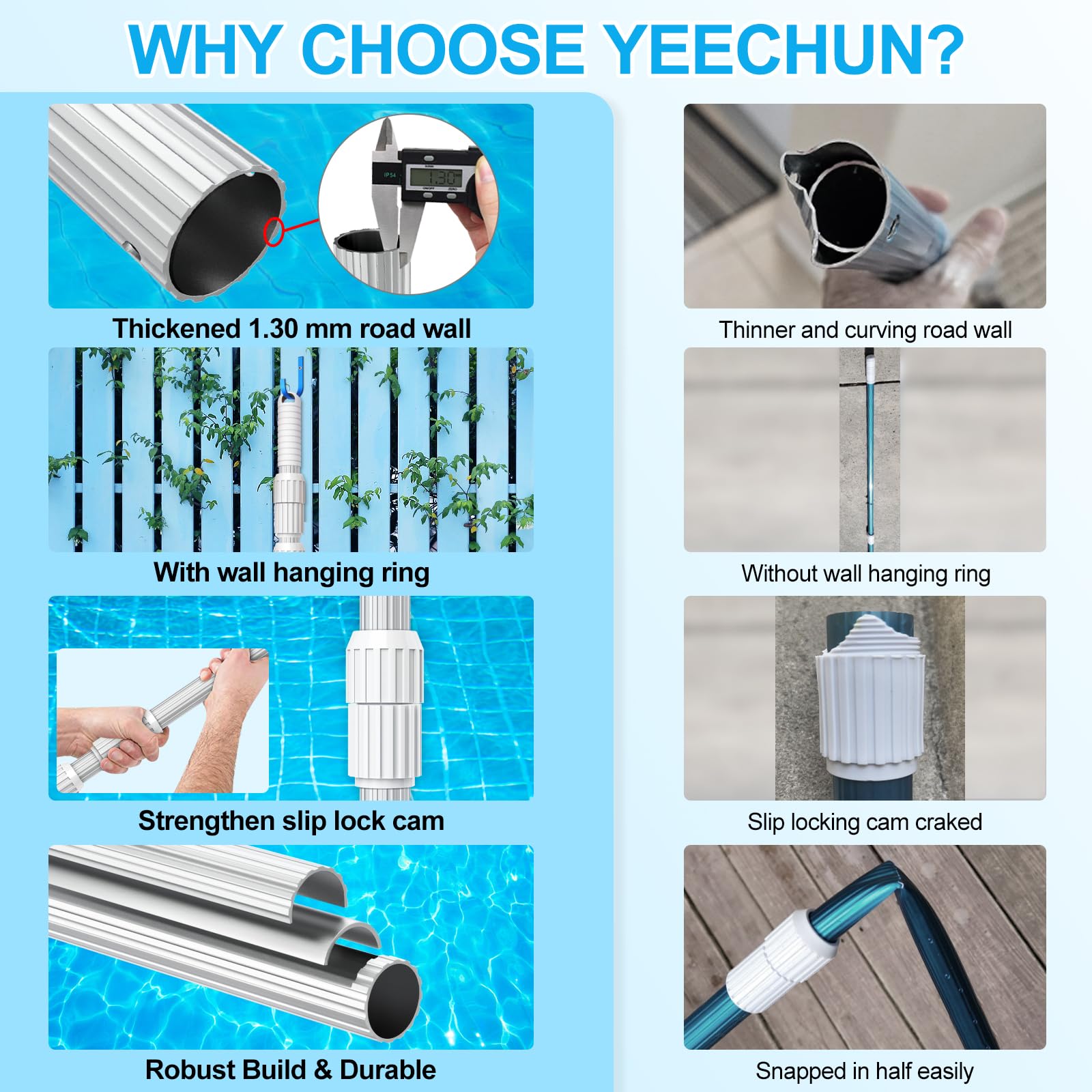 YEECHUN heavy-duty aluminum pool pole offers durable daily use