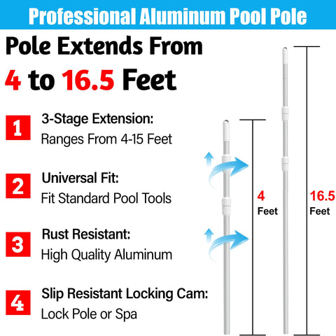 YEECHUN pool pole extended to 16.5 feet for wide-area cleaning
