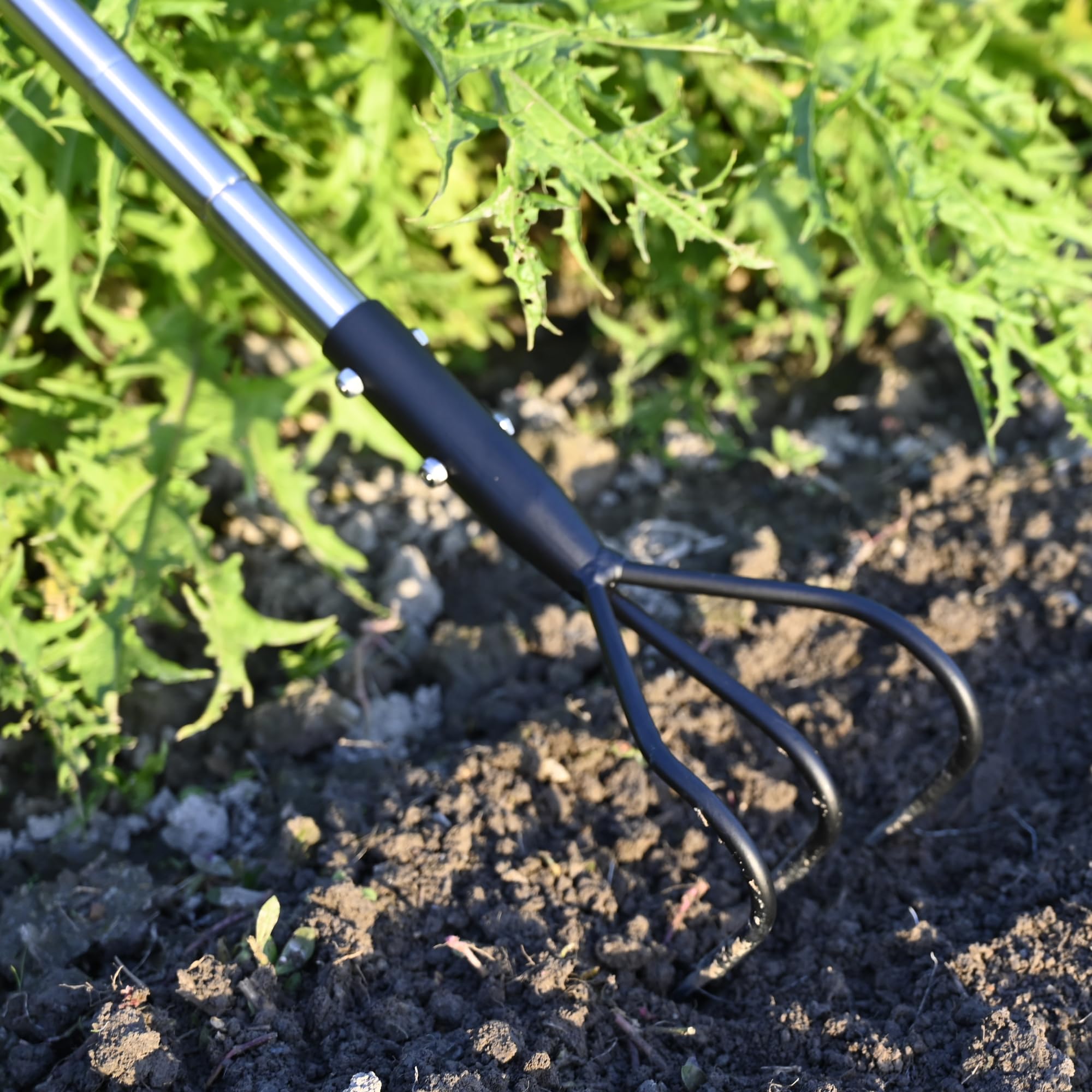 YEELOR 3-Tine Tiller in action for precise soil work near plant edges.