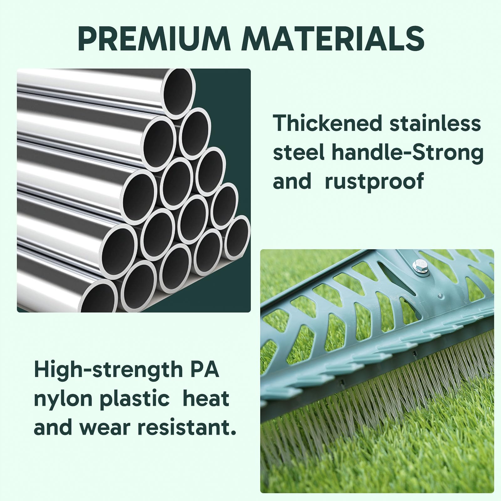YEELOR artificial grass rake adjustable handle extends from 33 to 61 inches.