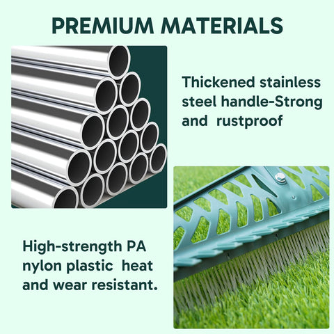 YEELOR artificial grass rake adjustable handle extends from 33 to 61 inches.