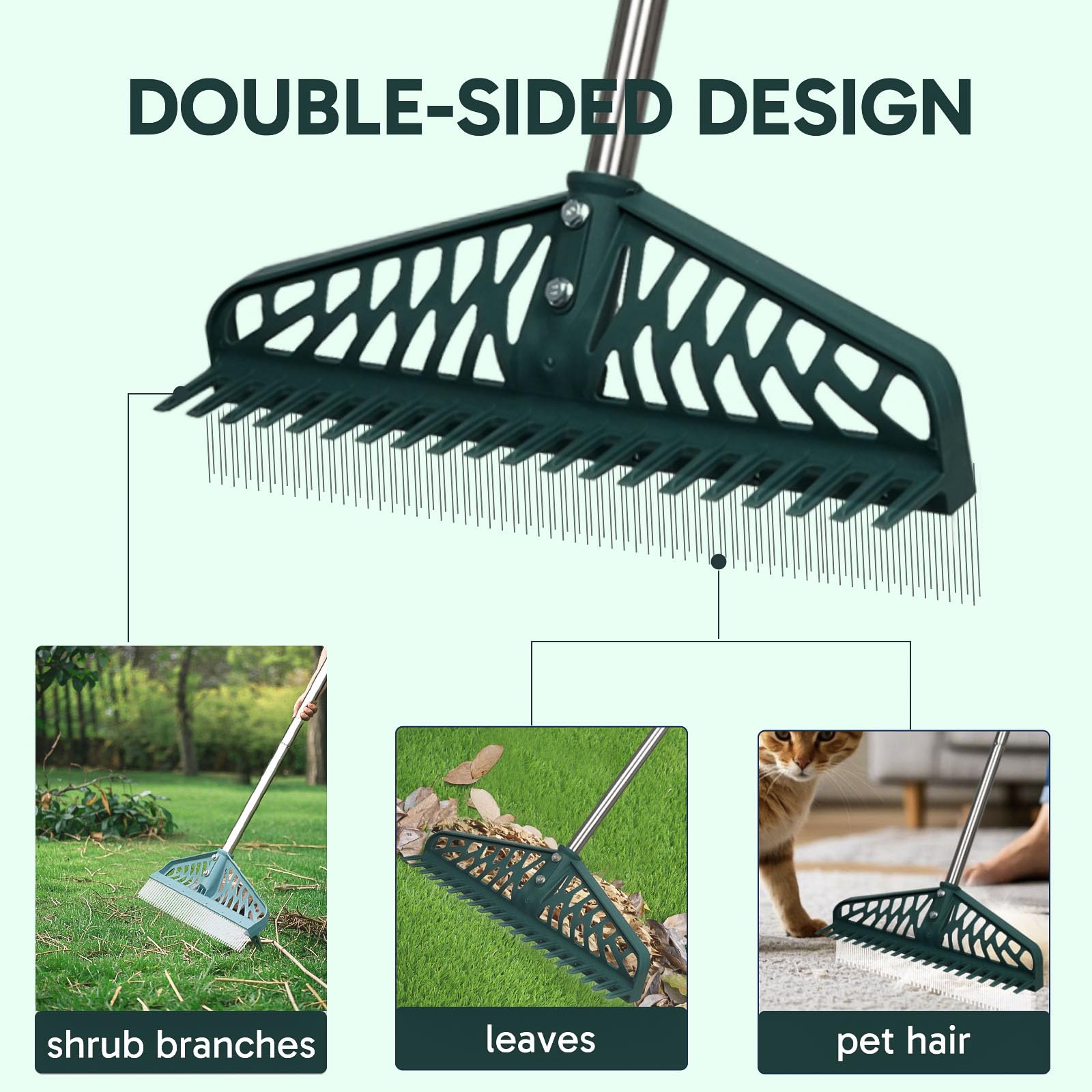 YEELOR rake with coarse teeth tackles larger debris on lawns and carpets.