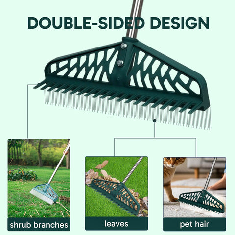 YEELOR rake with coarse teeth tackles larger debris on lawns and carpets.