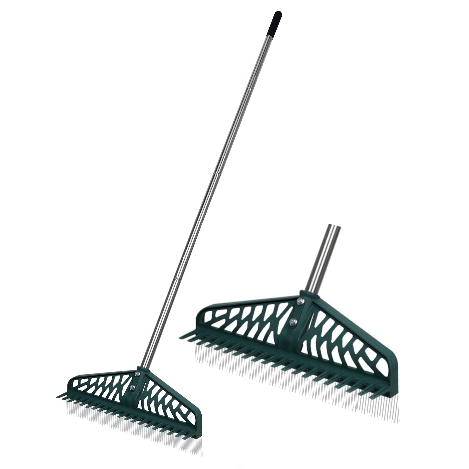 YEELOR artificial grass rake with double-sided teeth removes leaves and pet hair from turf.