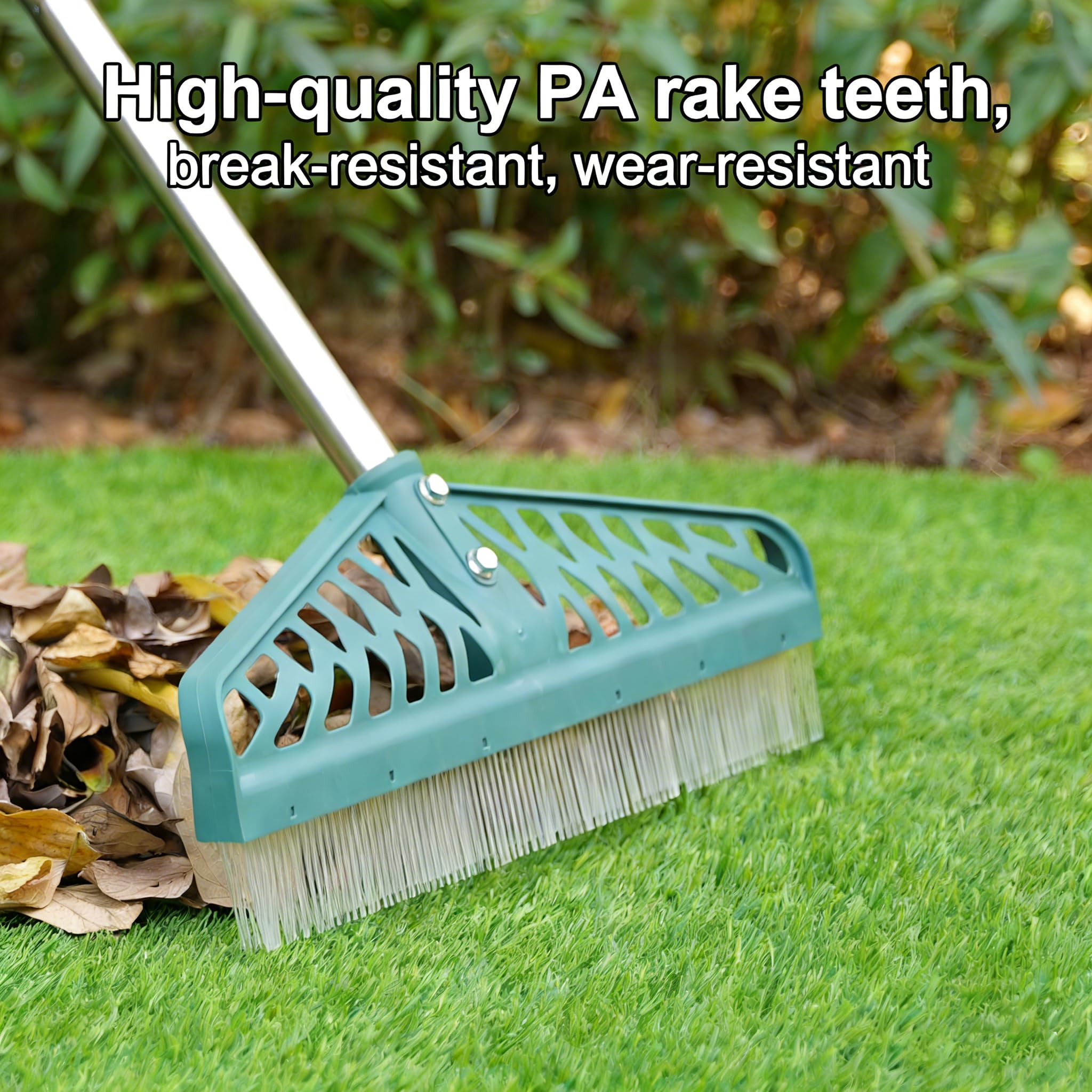 YEELOR turf rake adjustable length 32.7 inches for comfortable cleaning while standing.