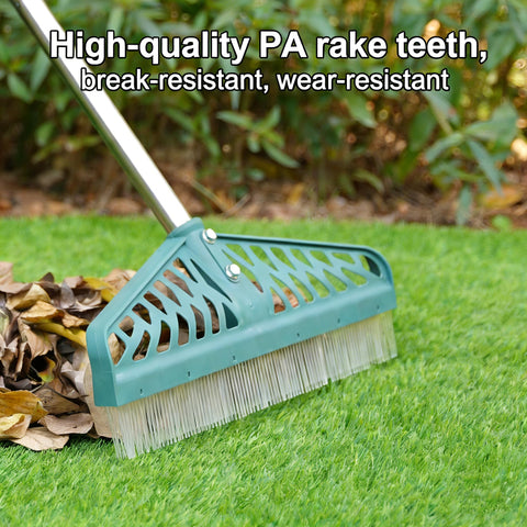 YEELOR turf rake adjustable length 32.7 inches for comfortable cleaning while standing.