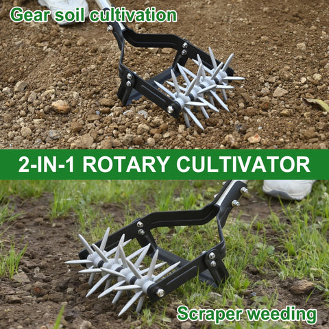 YEELOR Garden Rotary Cultivator movable scraper clears weed roots during tilling.