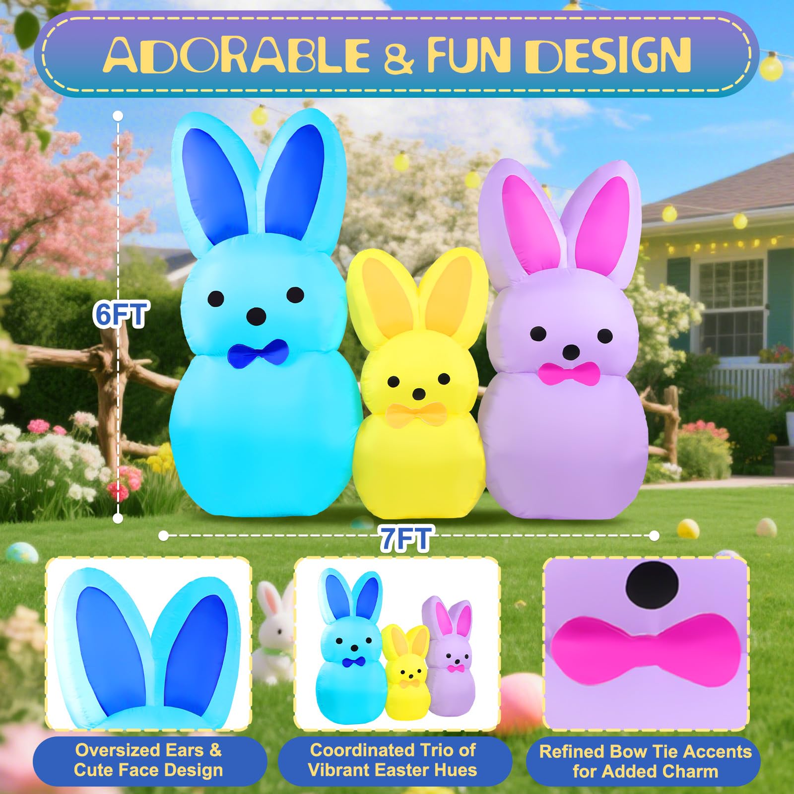 Yeenuo Easter bunny inflatables with LEDs illuminate your yard after dark.