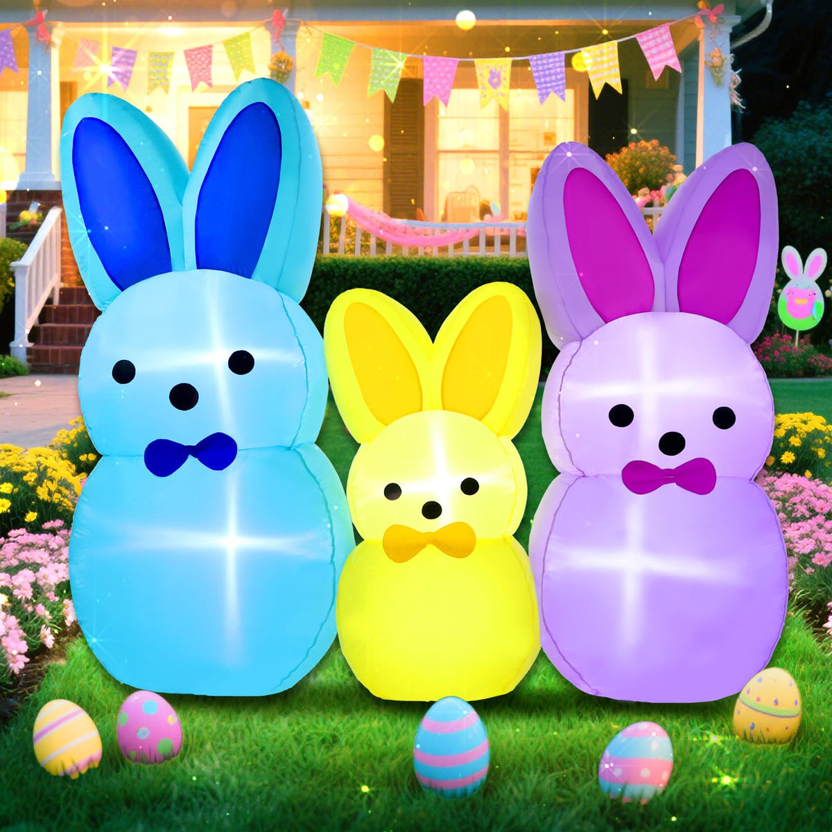 Yeenuo 7FT Easter Bunny inflatables triple blue yellow purple in yard for festive curb appeal.