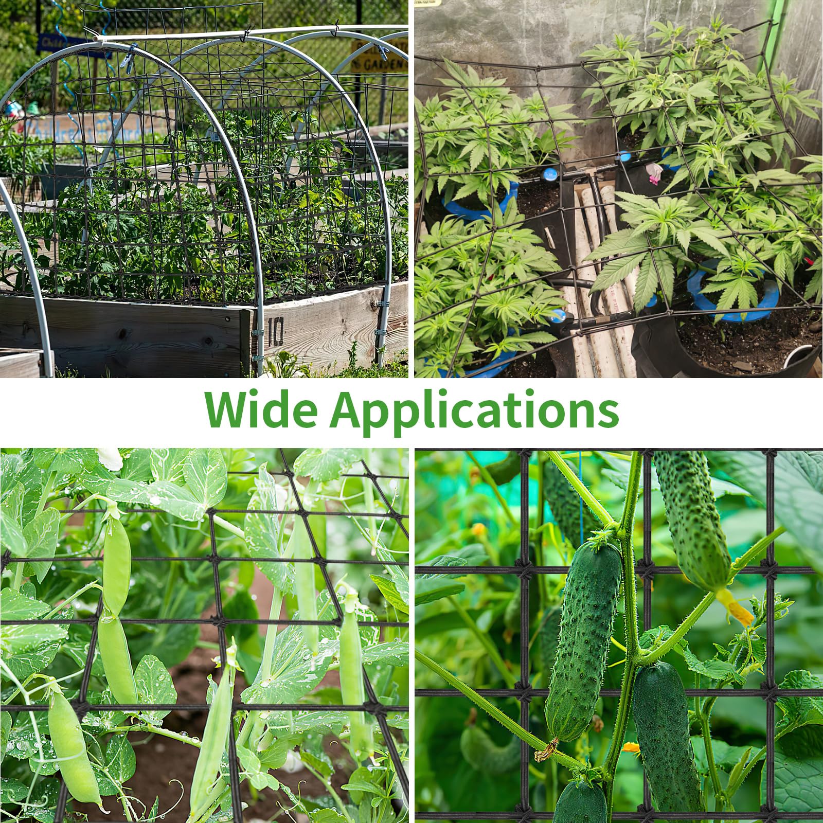 Yeestone trellis netting supporting heavy vines like cucumbers and tomatoes.