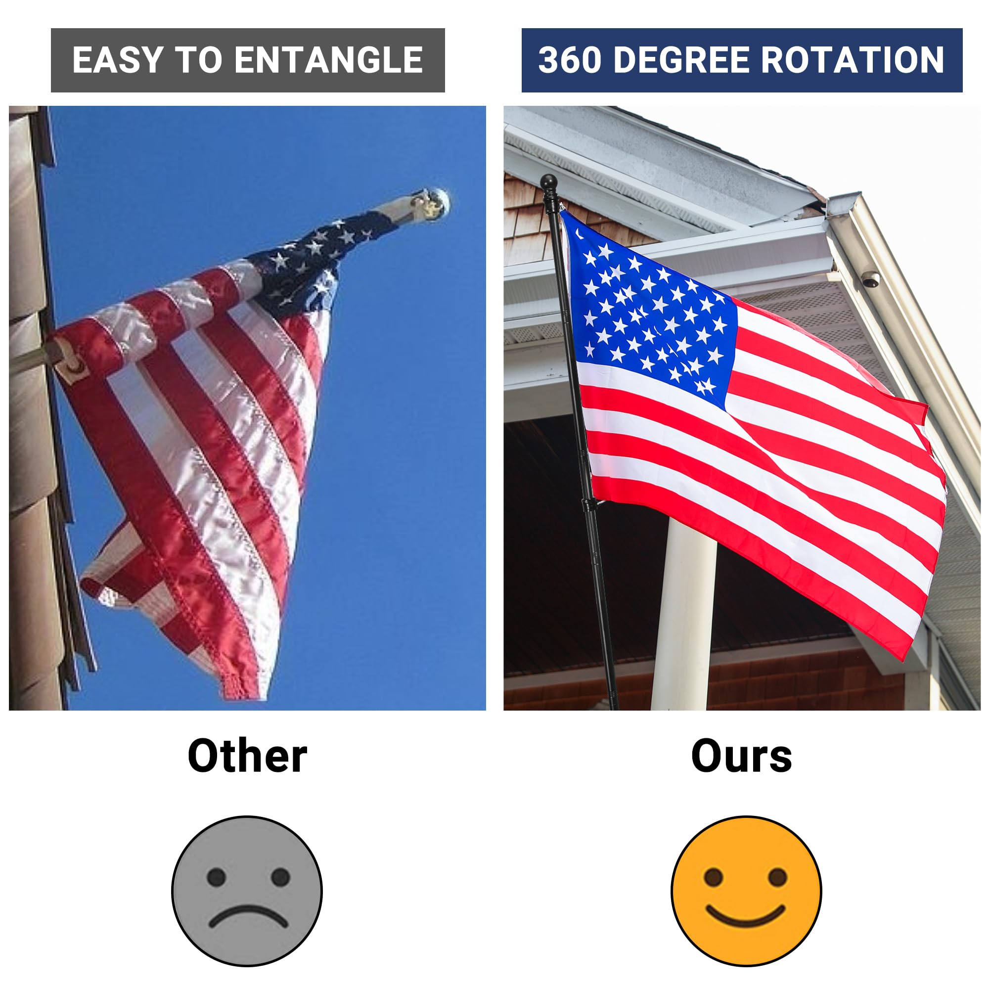Yeesun flag pole with rotating rings to prevent tangling in wind