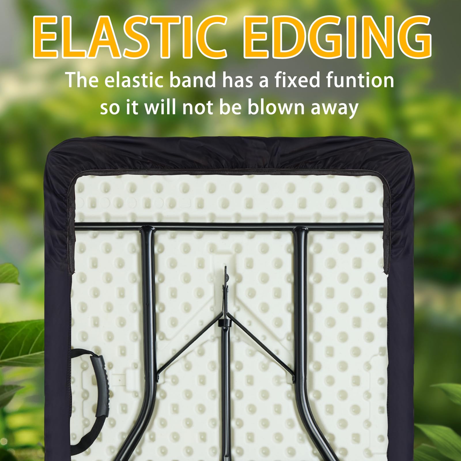 YEYE JUICE elastic edge keeps the cover secured on table and benches.