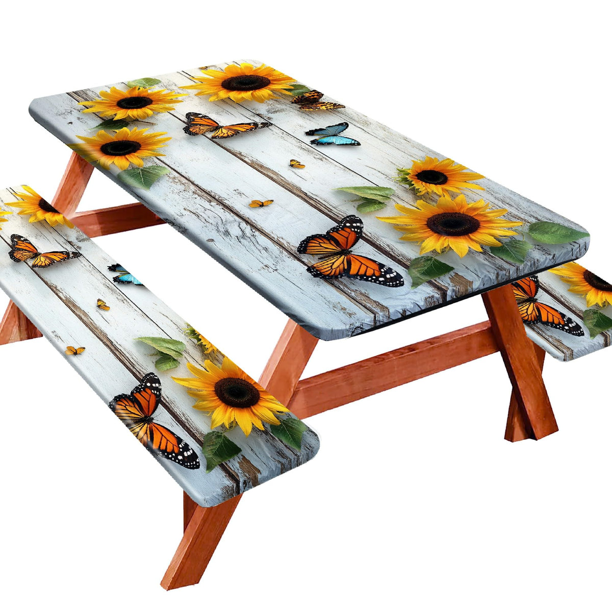 YEYE JUICE picnic table cover with sunflower wood grain seen on a sunny outdoor table