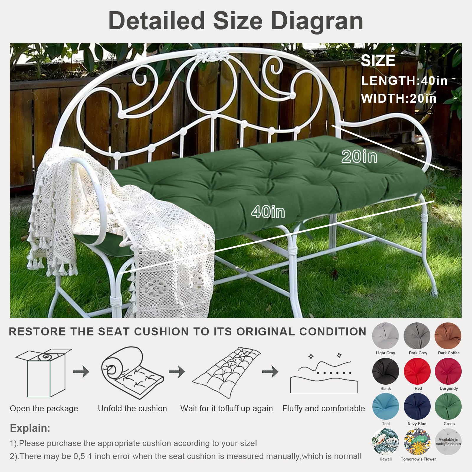 Yefound 40x20x3 inch cushion fits most benches and swings