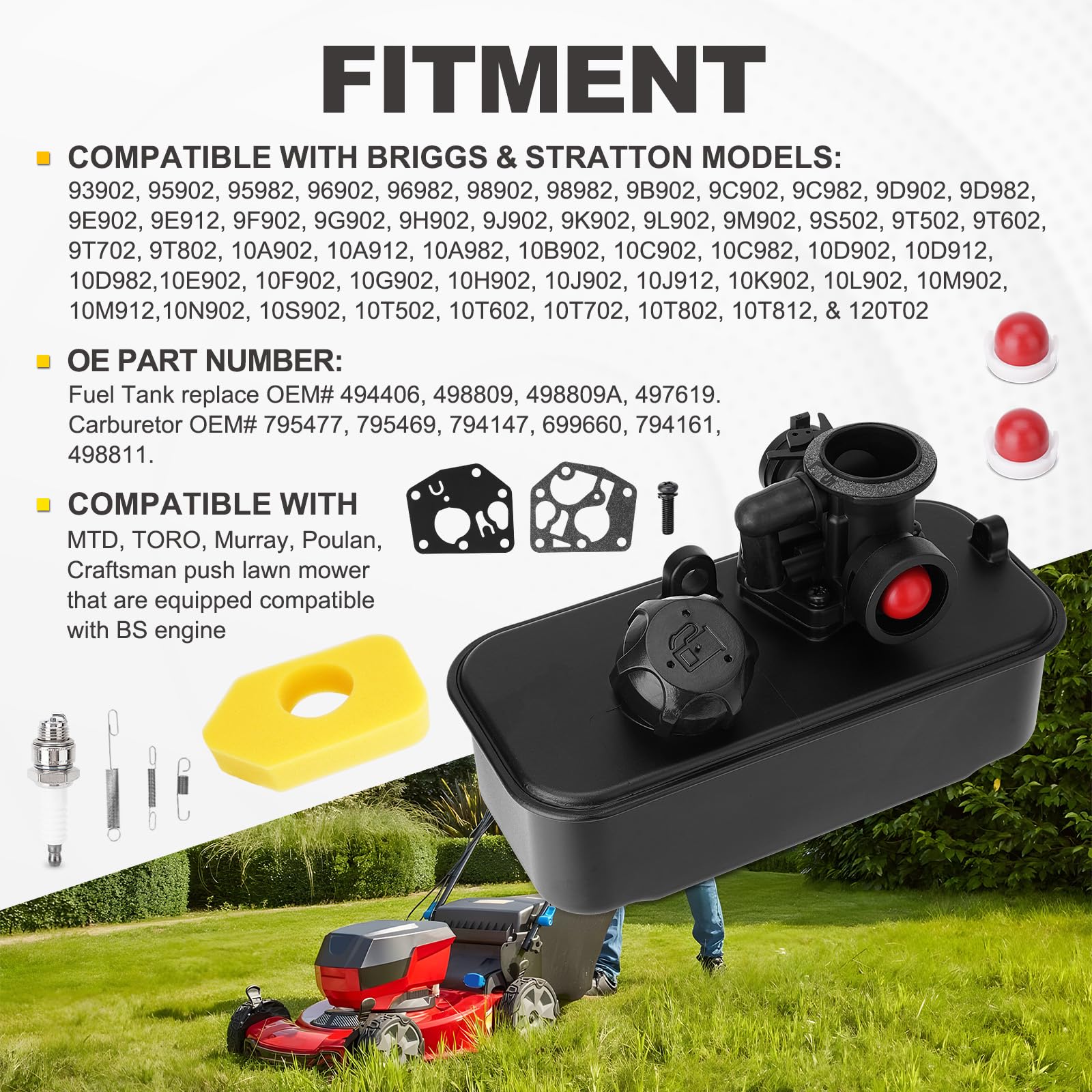 YEHERIT carburetor replacement kit shown for Briggs & Stratton engines with quick-fit design