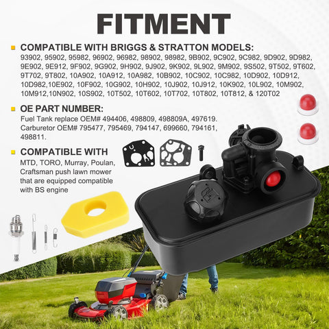YEHERIT carburetor replacement kit shown for Briggs & Stratton engines with quick-fit design