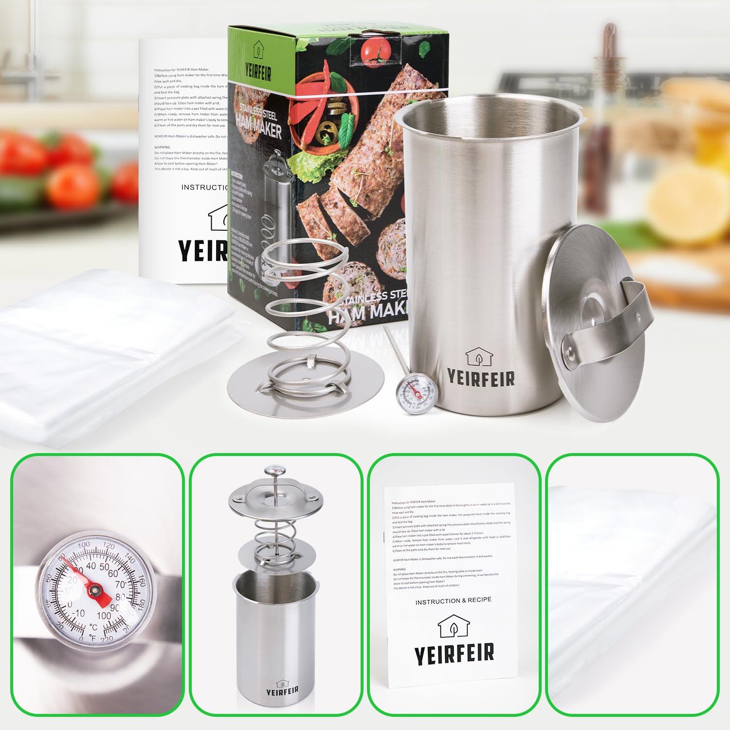 YEIRFEIR dual-scale thermometer on the ham press for precise readings