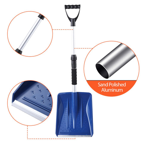 YEITSNOW portable snow shovel shown ready for car storage and quick curb clearing