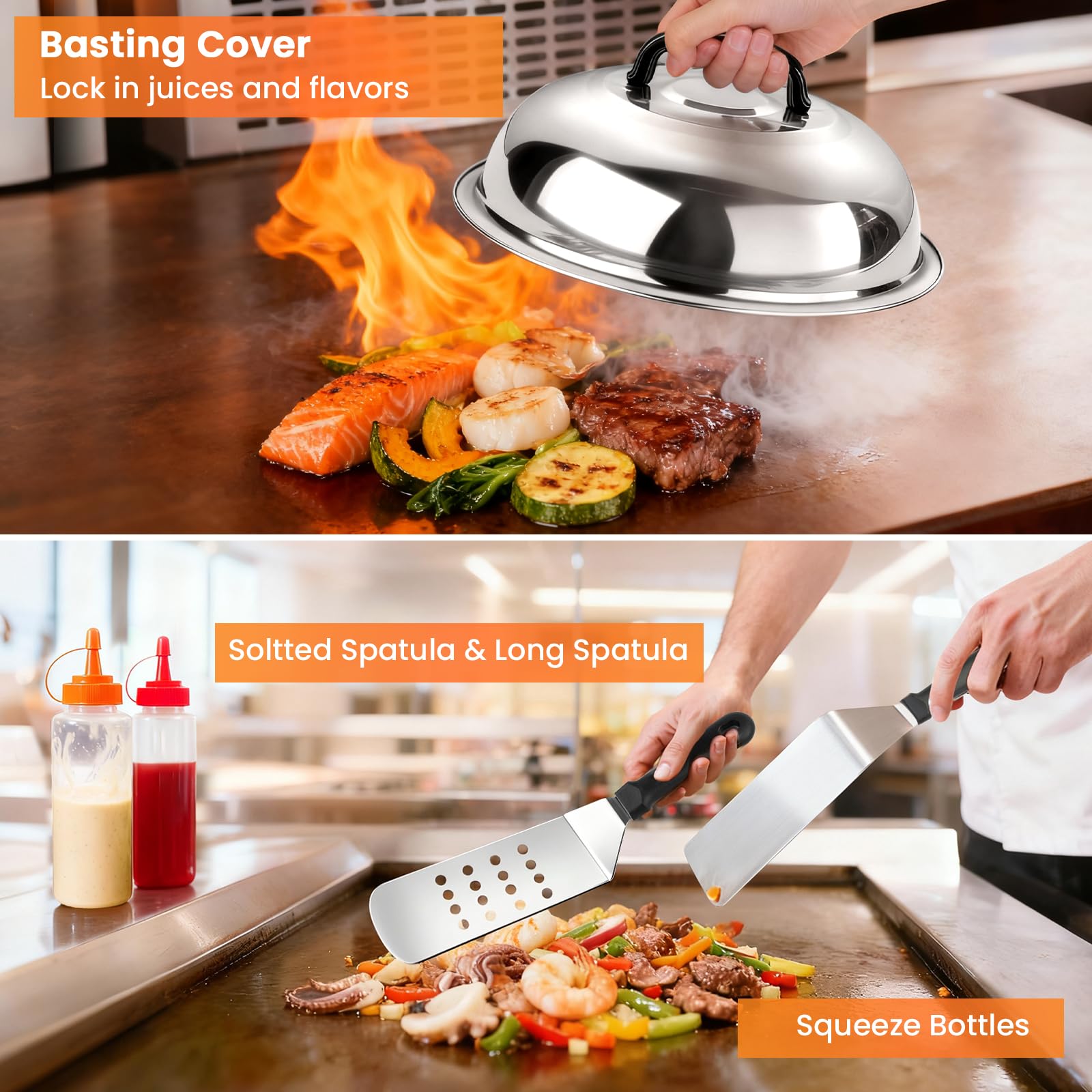 Yekale long griddle spatula shown for flipping large portions on a flat top