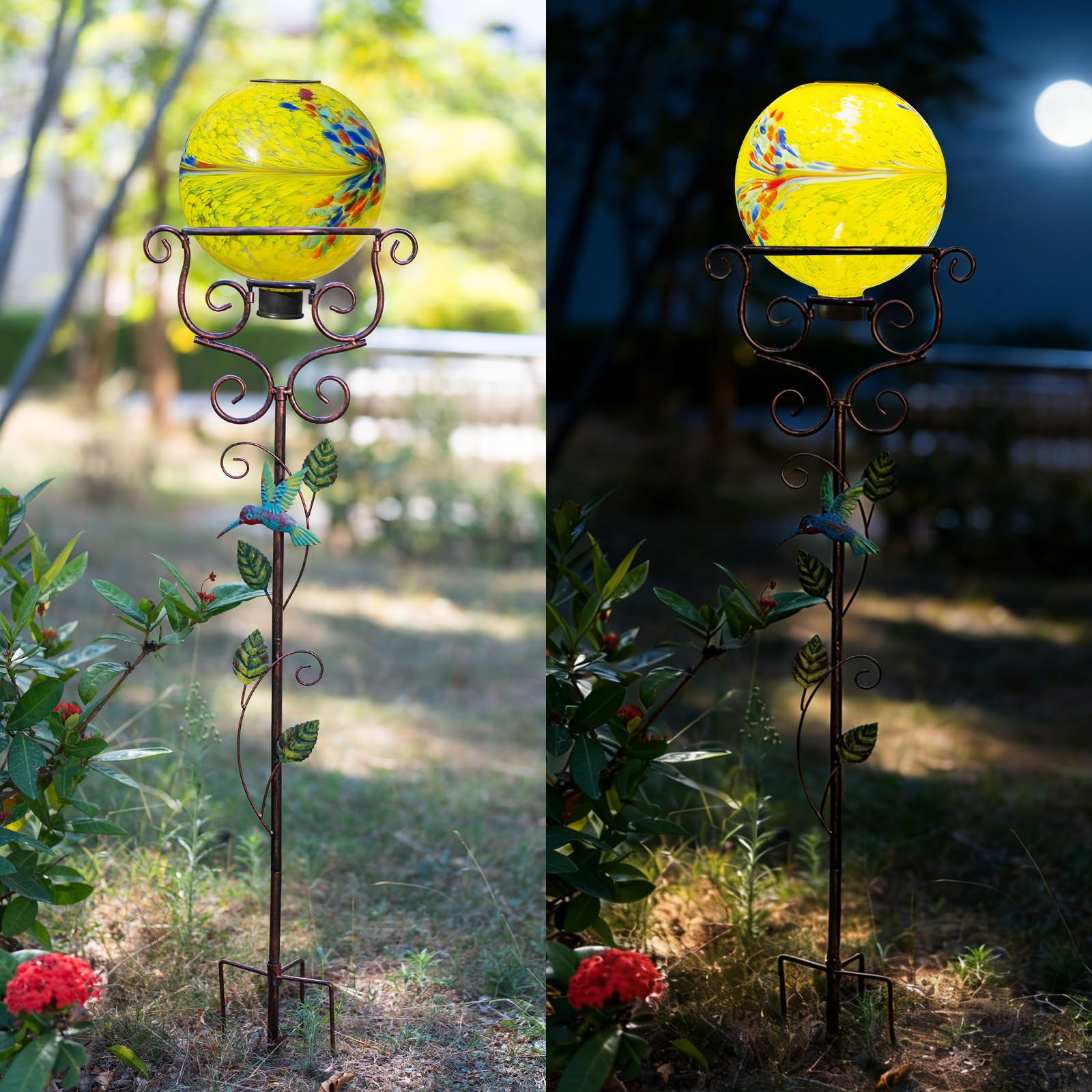 YELENEW metal gazing ball stand enhances outdoor garden aesthetics.