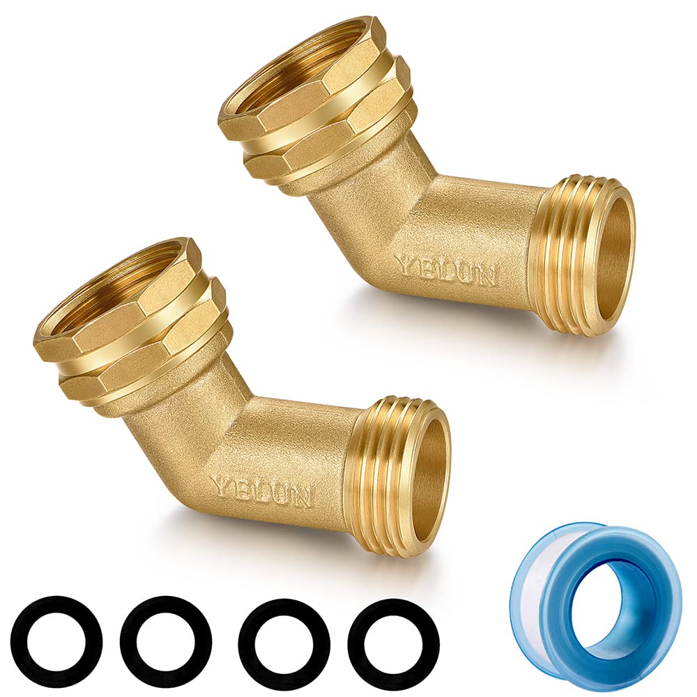 YELUN brass 45-degree hose elbow assembly reduces hose strain during watering.