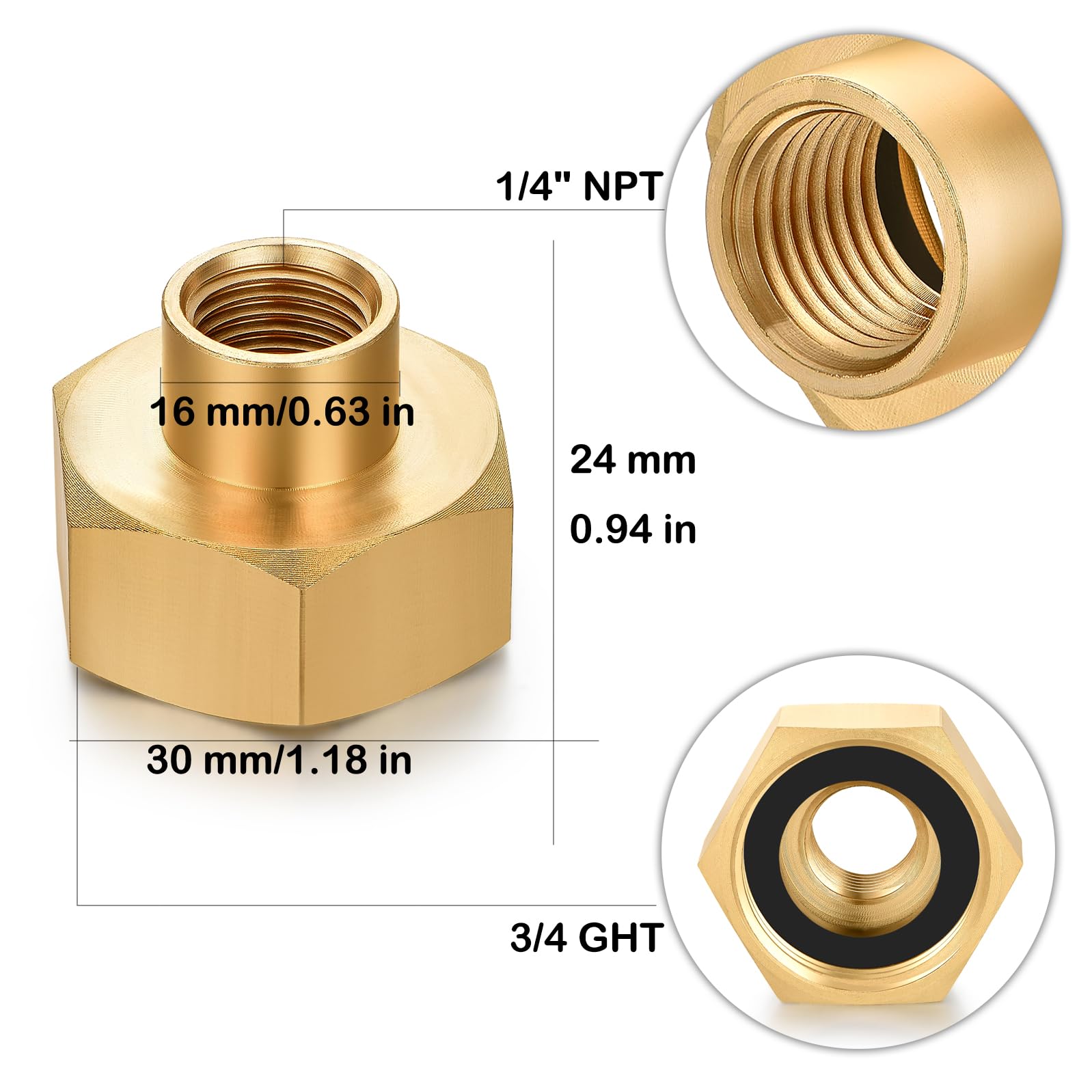 YELUN brass adapter thread detail illustrating NPT and GHT compatibility
