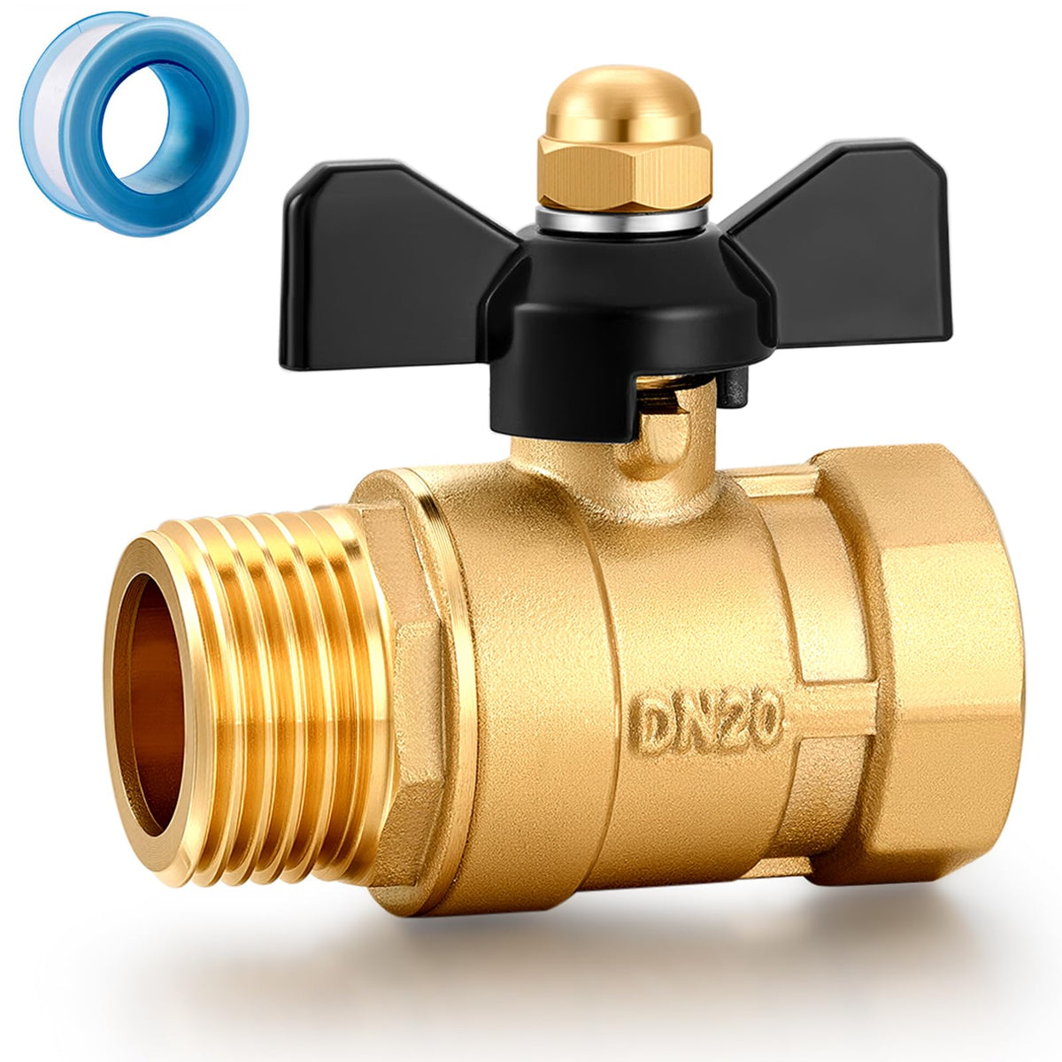 YELUN brass shut-off valve, front view, full-port flow for garden hose