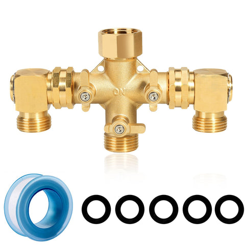 YELUN garden hose splitter with brass 3-way swivel elbow for easy directional control.