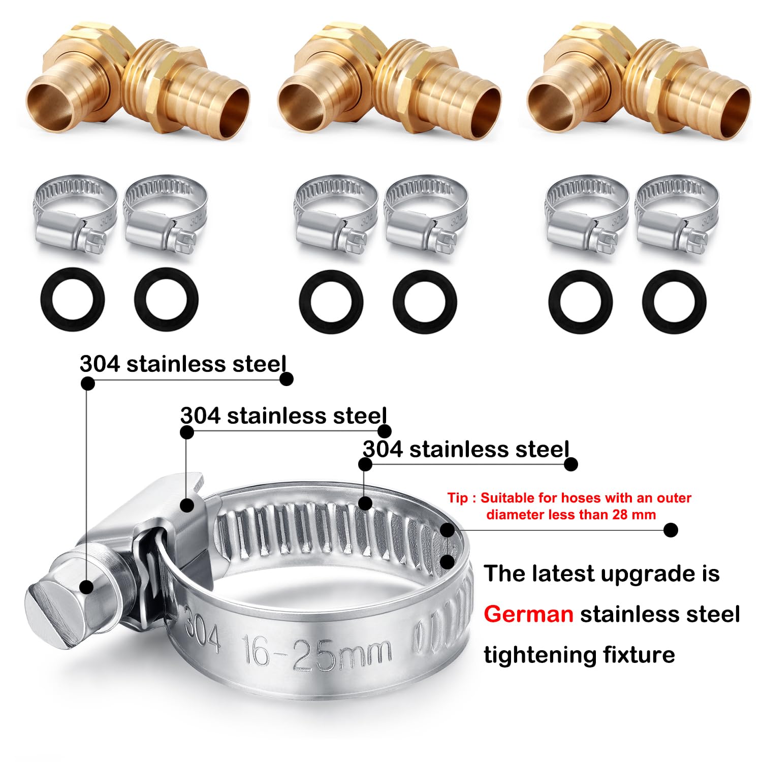 Stainless clamps and rubber gaskets for secure leak-free hose joins.