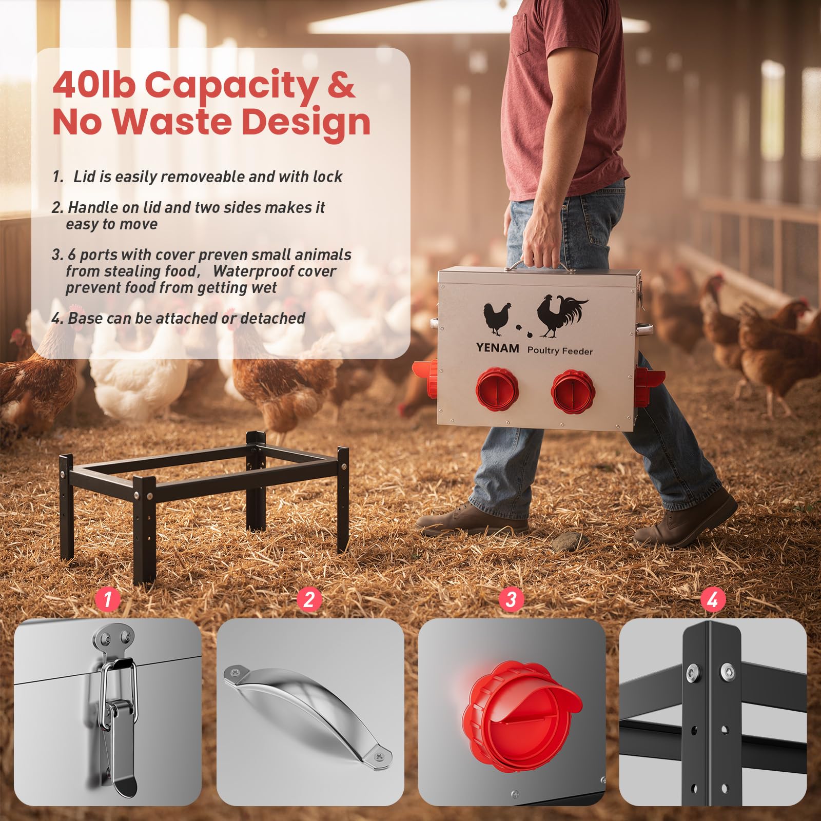 YENAM galvanized-metal construction resists rust and pecks for durable use.