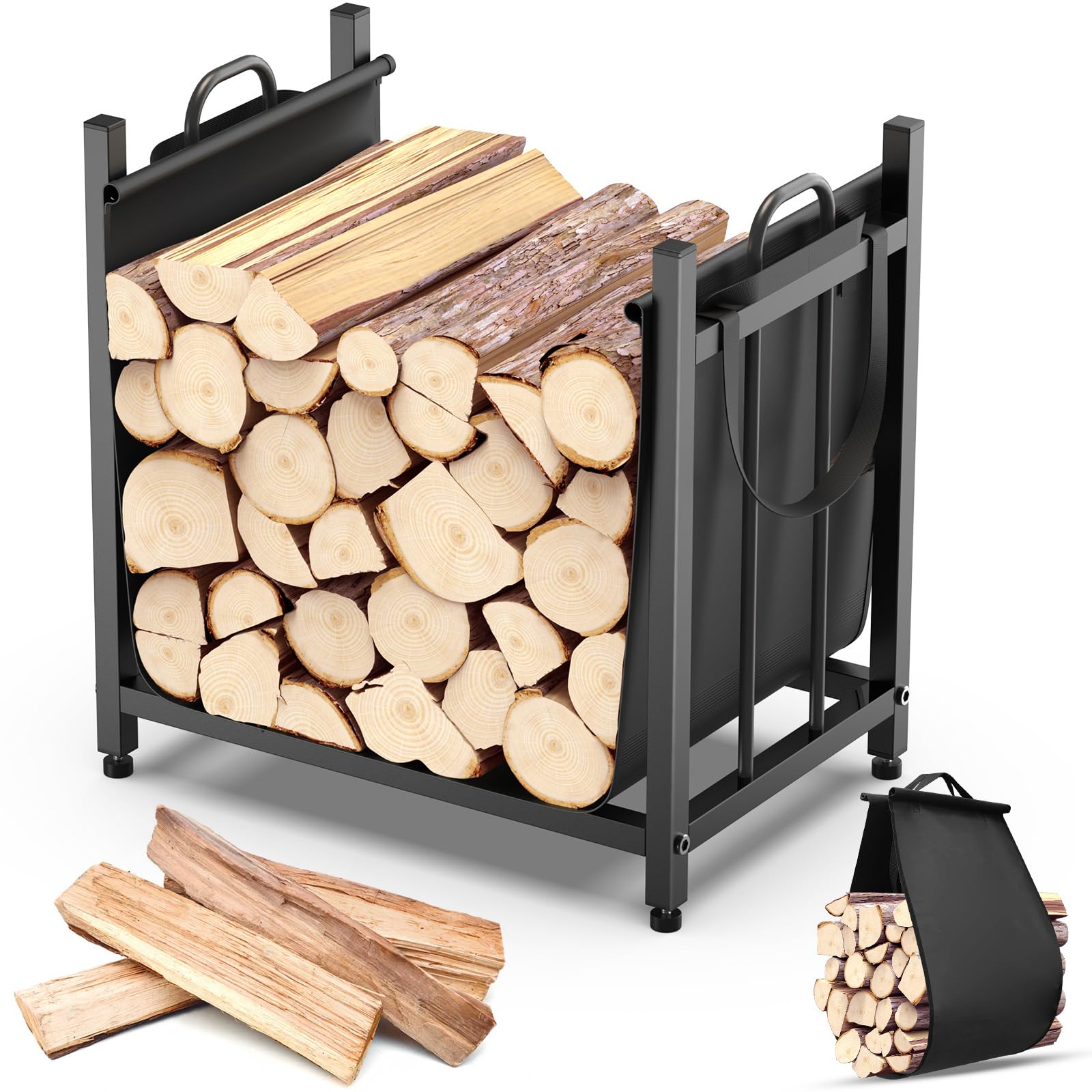 YENGOTH Firewood Rack with Carrier Bag front view showing easy log transport.