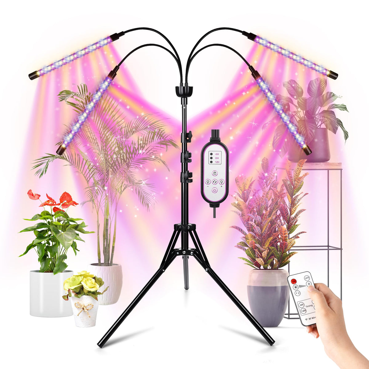 Yentbokj LED grow light on an extended tripod stand for flexible indoor placement.