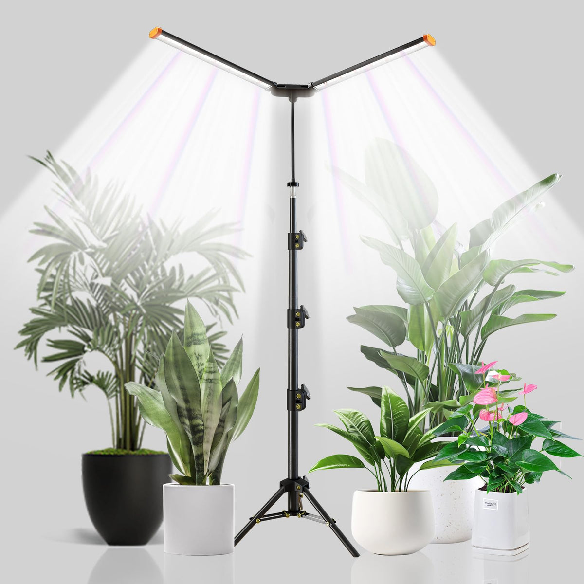YEOLEH floor lamp with full-spectrum LED bars illuminating lush indoor foliage.