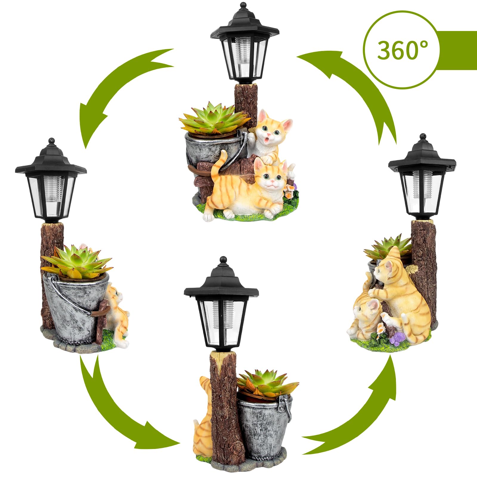 YEPOTUE cat garden sculpture with solar lantern lights your path at dusk.