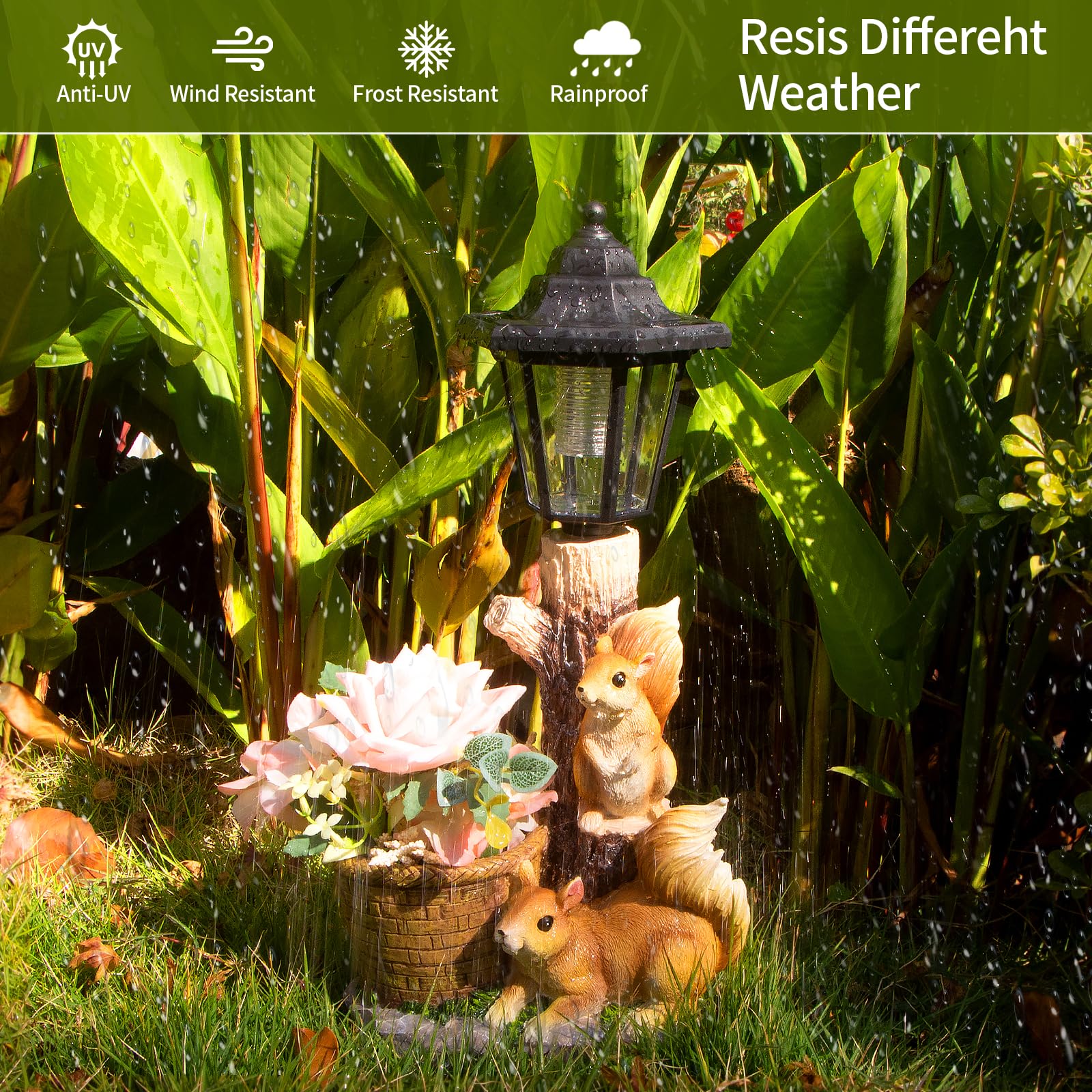 YEPOTUE flowers in planter with squirrel statue display