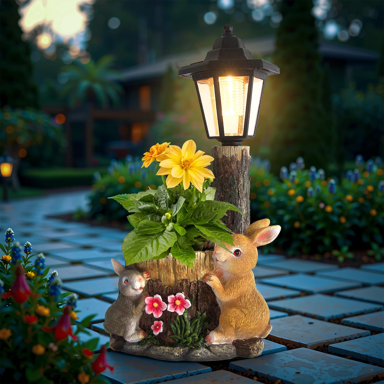 YEPOTUE solar bunny garden statue with planter and lantern for charming yard ambiance.